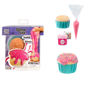 Slime life product packaging with slime and cupcake toys on a white background