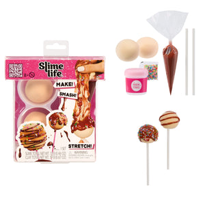 Slime life kit with packaging, slime balls, and slime decorations on a white background