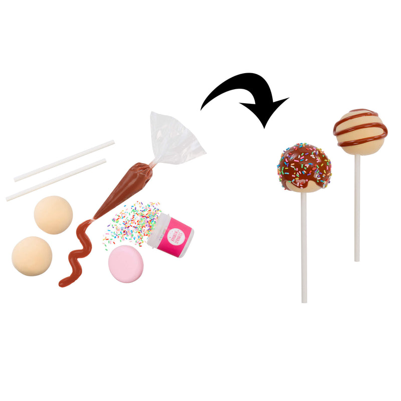 Set of slime cake pop-making tools and ingredients with a completed cake pop on a stick.