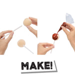 Step-by-step process of making a lollipop with hands and ingredients on a white background.