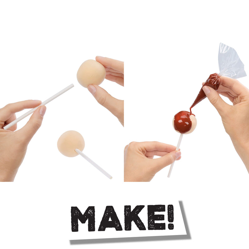 Step-by-step process of making a lollipop with hands and ingredients on a white background.