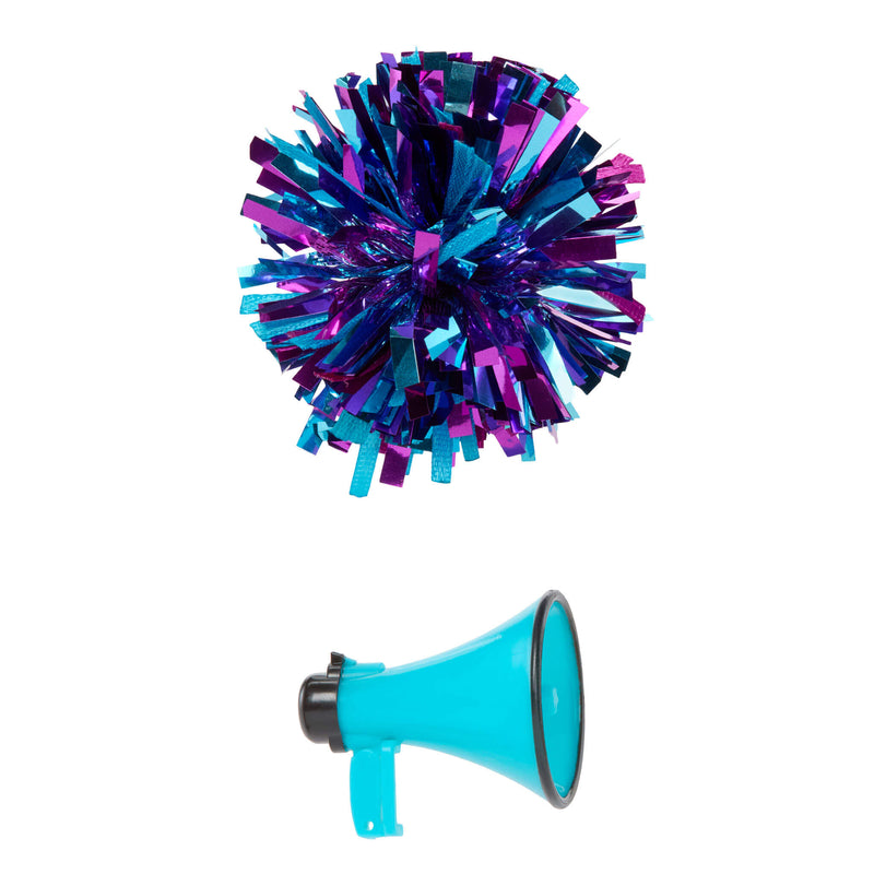Turquoise megaphone with a purple and blue pom-pom 