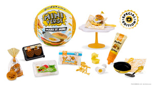 Miniature food items and packaging with 'Mini Verse' branding on a white background