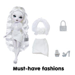 White doll with fashion items including a skirt, top, shoes, and handbag on a white background.