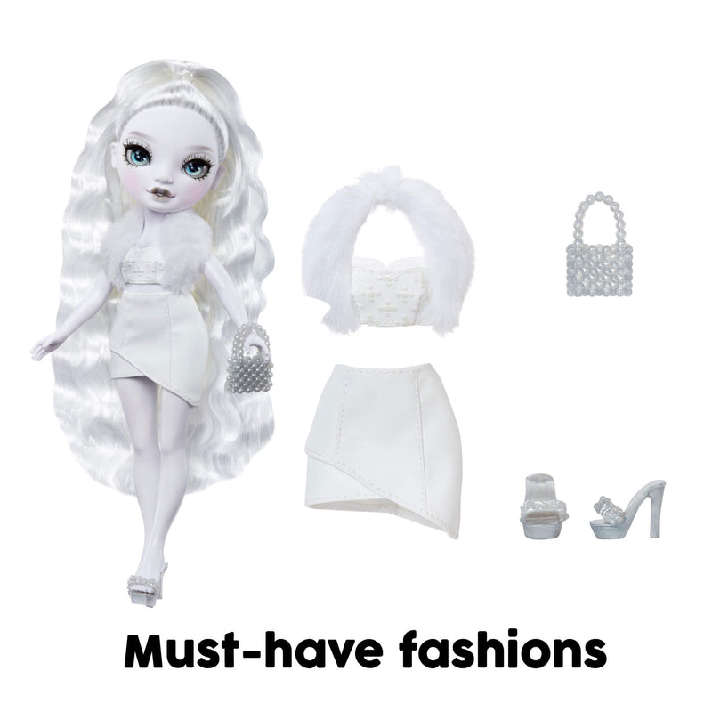 White doll with fashion items including a skirt, top, shoes, and handbag on a white background.