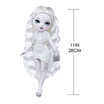 White doll with long hair and a measuring chart on a white background