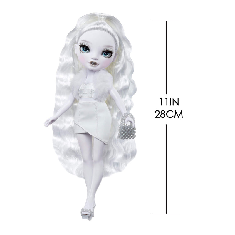 White doll with long hair and a measuring chart on a white background