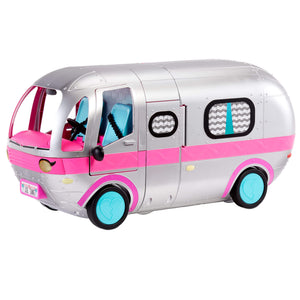 Toy camper van silver with pink and blue accents on a white background
