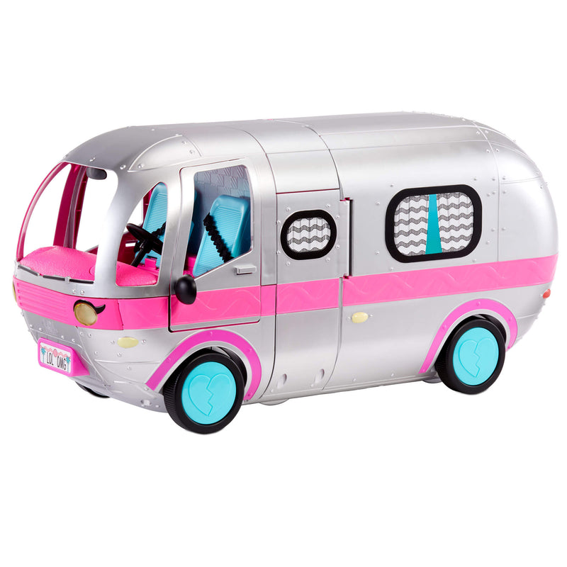 Toy camper van silver with pink and blue accents on a white background