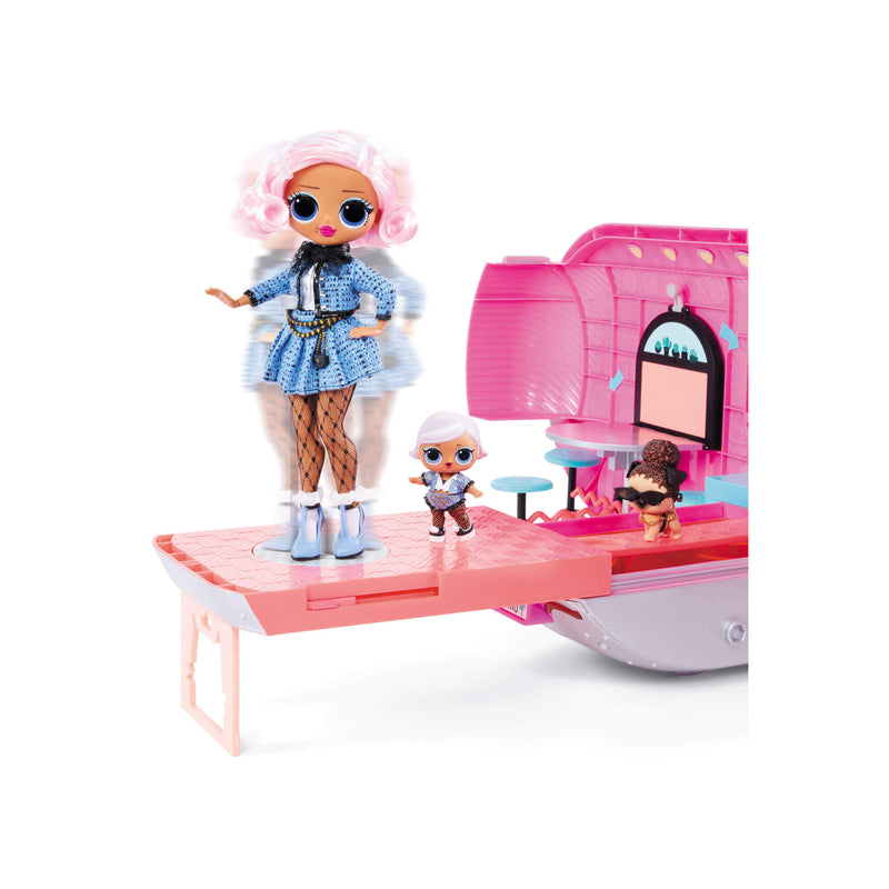 Fashion doll and little doll on platform on a white background