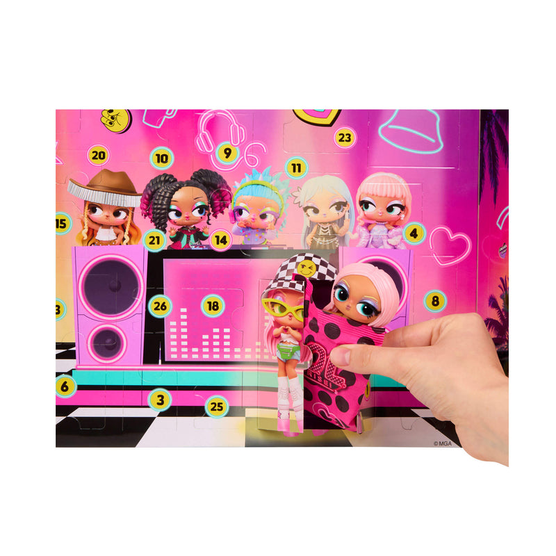 Hand removing a doll in packaging from the calendar on a white background