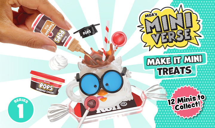 Miniverse Make it Mini Treats with a burst 12 to collect on a teal background featuring the Tootsie Roll pop