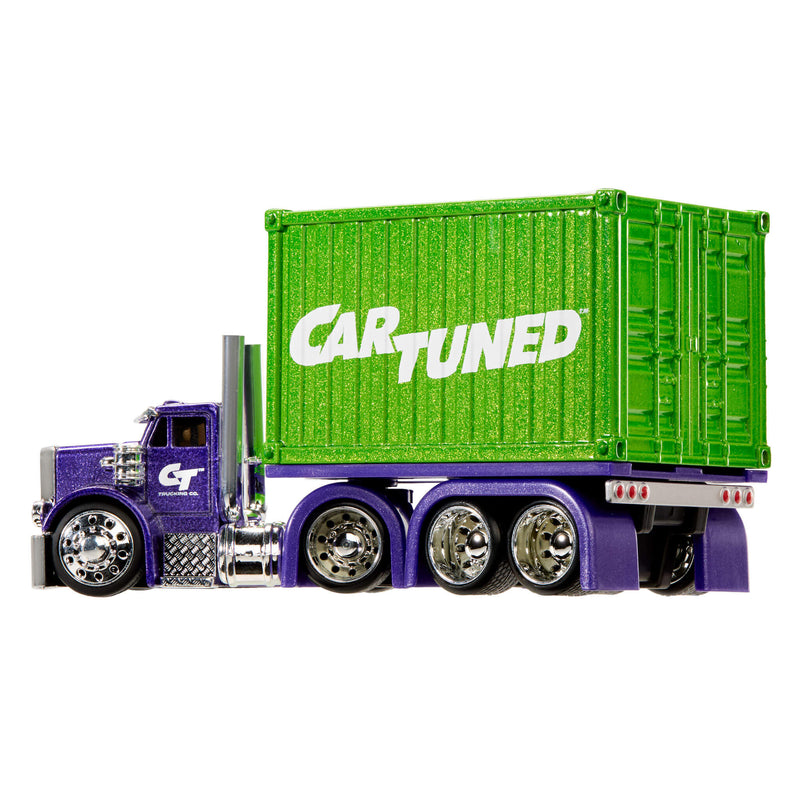 Toy truck with a green container labeled 'CAR TUNED' on a white background