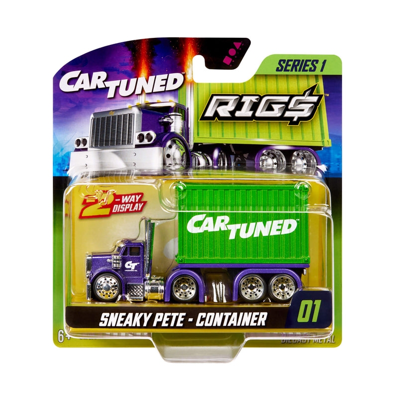 Toy truck packaging with 'Car Tuned' branding on a white background