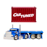 Toy truck with a red container labeled 'Cartuned' on a white background