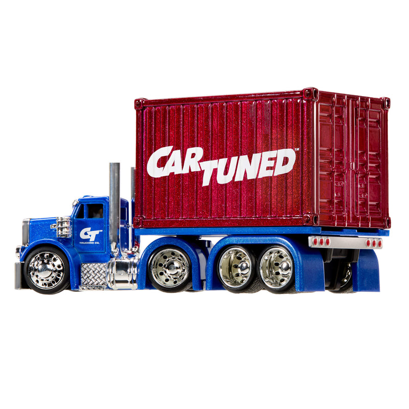 Toy truck with a red container labeled 'Car Tuned' on a white background