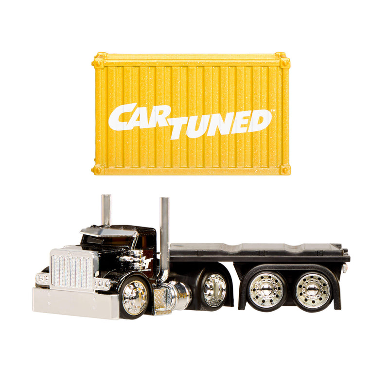 Toy truck with a yellow container labeled 'CAR-TUNED' on a white background