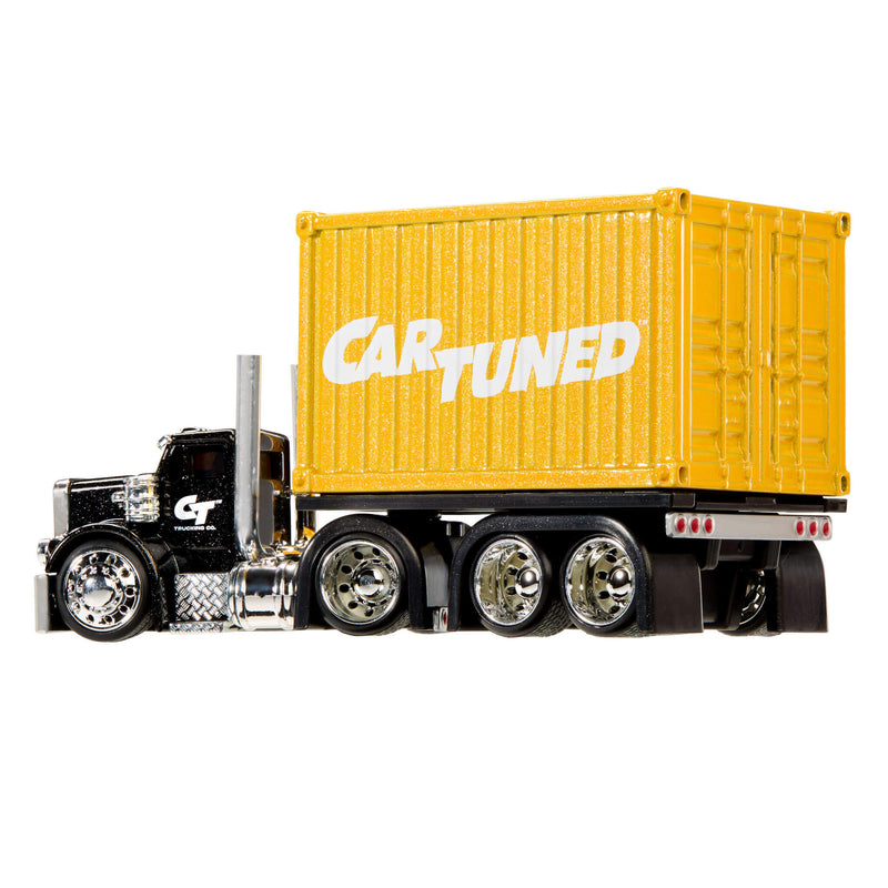 Toy truck with a yellow container labeled 'CAR TUNED' on a white background