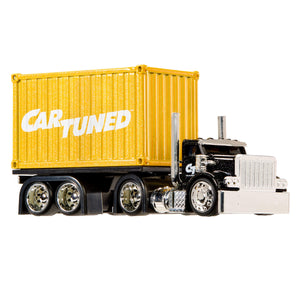 Toy truck with a yellow container labeled 'CAR Tuned' on a white background