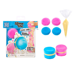 Slime life product packaging with colorful slime containers and tools on a white background