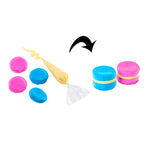Macaron DIY Slime Kit tools including pink and blue discs, a yellow tool, and a white piping bag on a white background.