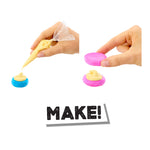 Hands using colorful slime with 'MAKE!' text on a white background