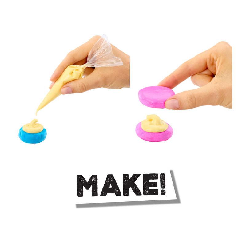 Hands using colorful slime with 'MAKE!' text on a white background