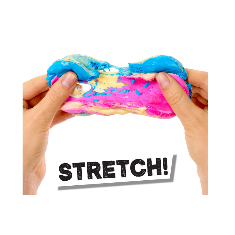 Colorful slime being stretched with 'STRETCH!' text below on a white background