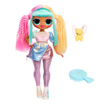 Colorful doll with pastel hair and outfit, accompanied by a brush and small toy, on a white background.
