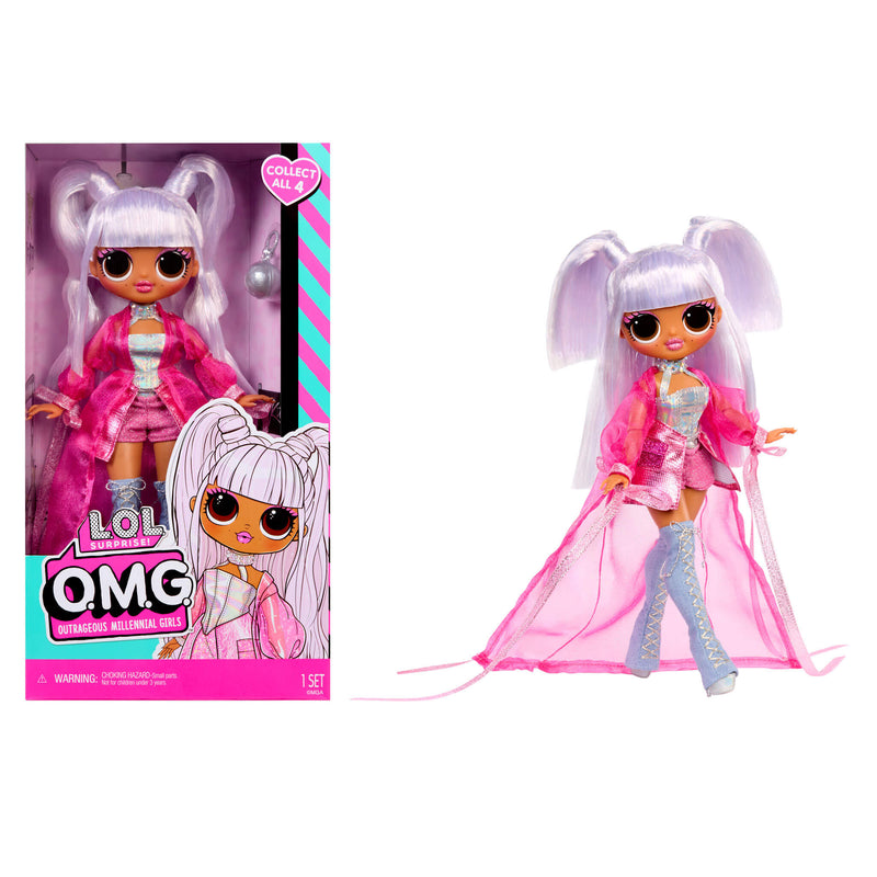 LOL Surprise OMG Doll Kitty K doll with pink outfit and white hair next to its packaging