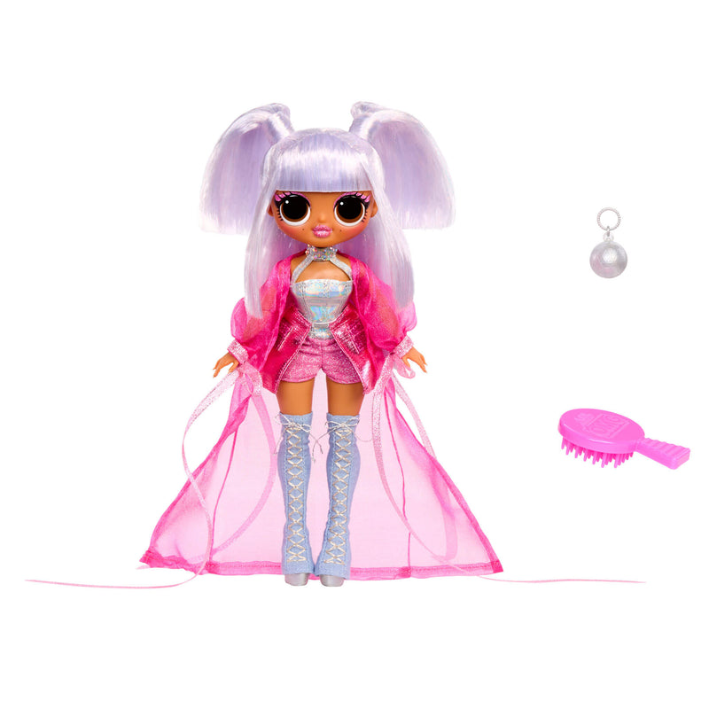 Toy doll with pink outfit and accessories on a white background