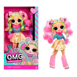 LOL Surprise OMG Doll Bubblegum D.J. doll with pink and blue hair next to its packaging
