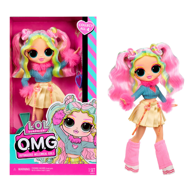 LOL Surprise OMG Doll Bubblegum D.J. doll with pink and blue hair next to its packaging