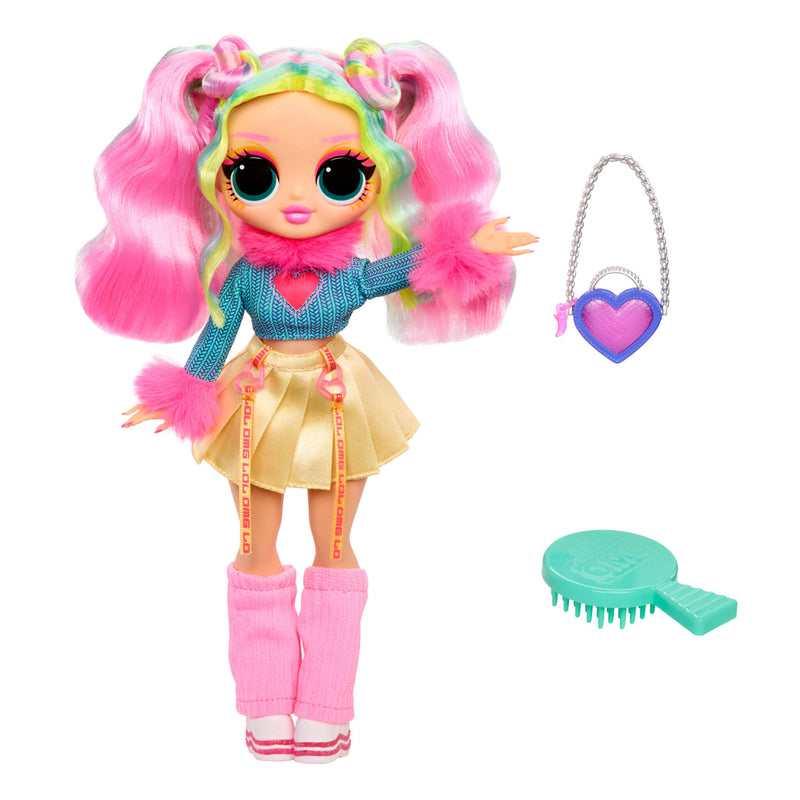 Colorful doll with pink hair and accessories on a white background