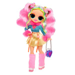 Colorful doll with pink hair and a blue outfit on a white background