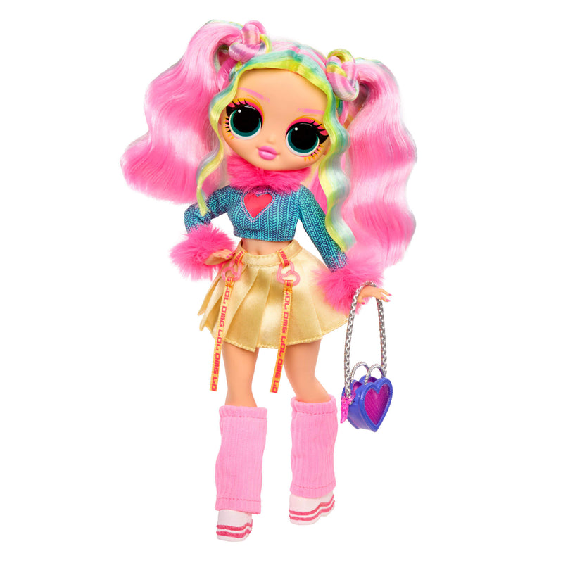 Colorful doll with pink hair and a blue outfit on a white background