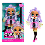 LOL Surprise OMG Doll Miss Royale doll with colorful hair and outfit next to its packaging