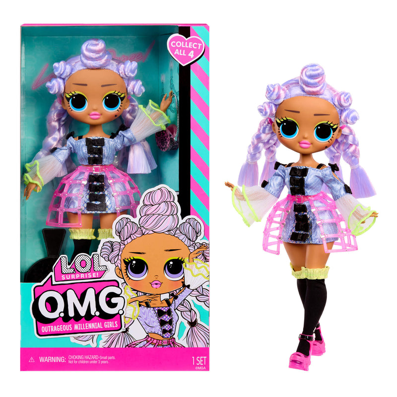 LOL Surprise OMG Doll Miss Royale doll with colorful hair and outfit next to its packaging