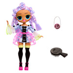 Toy doll with colorful hair and outfit, accompanied by a brush and hair tie on a white background