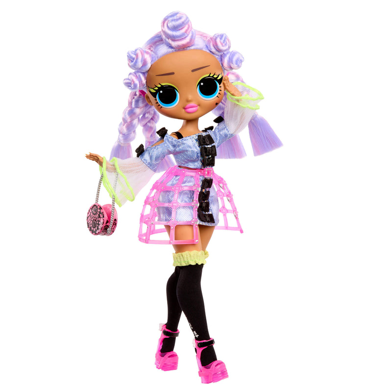Colorful doll with pink and purple hair, wearing a outfit with a pink skirt and black shoes on a white background.