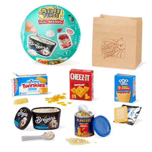 Collection of Mini snacks and treats including Breyers ice cream, Hostess Twinkies, Cheez-It crackers, and Pop-Tarts on a white background.