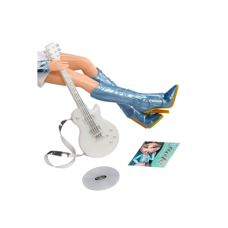 Doll with guitar, high blue boots and accessories on a white background