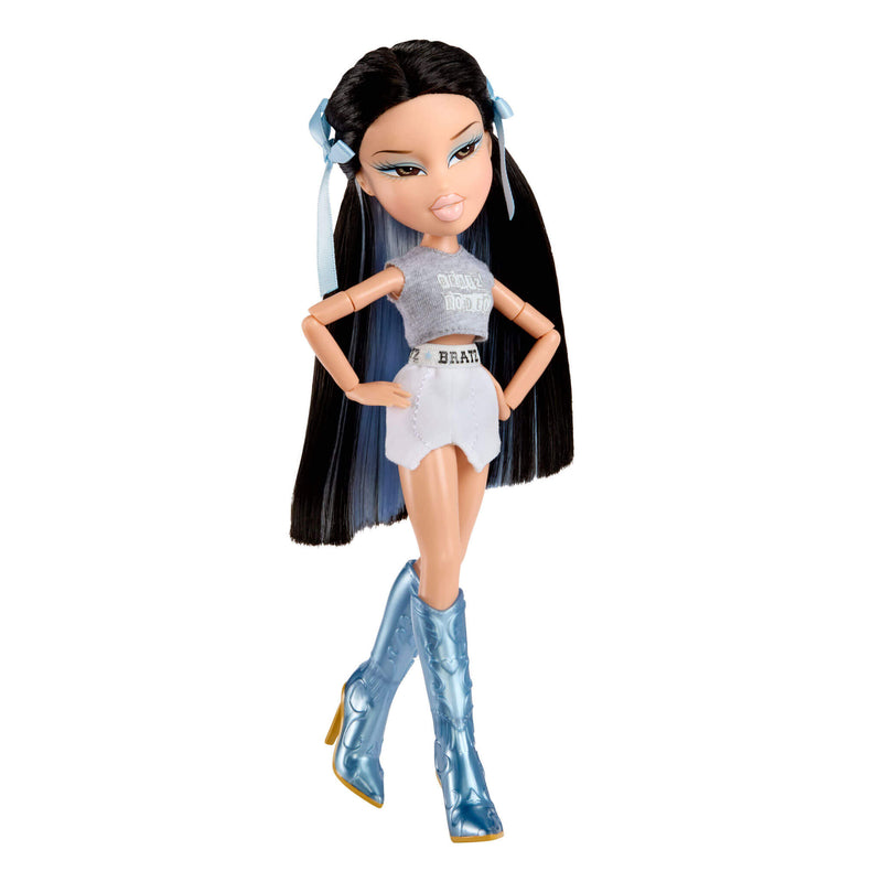 Doll with long black hair, gray outfit, and blue high boots on a white background