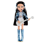 Jade with long black hair, blue headbands, and a white guitar on a white background