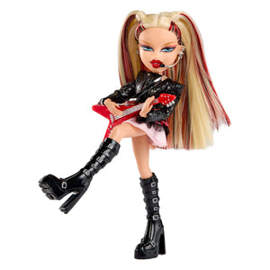 Cloe with blonde hair with red and black highlights, black jacket, and red guitar on a white background