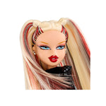 Doll with long blonde hair and colorful streaks on a white background