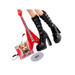 Black high-heeled boots with buckles, a red guitar, and a record on a white background