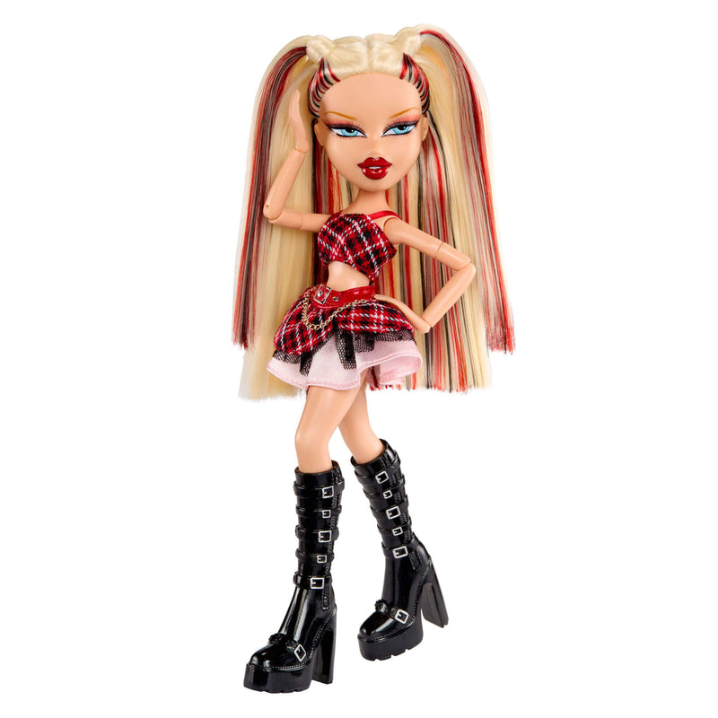 Doll with plaid outfit and high boots on a white background