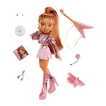 Doll with pink outfit and accessories on a white background
