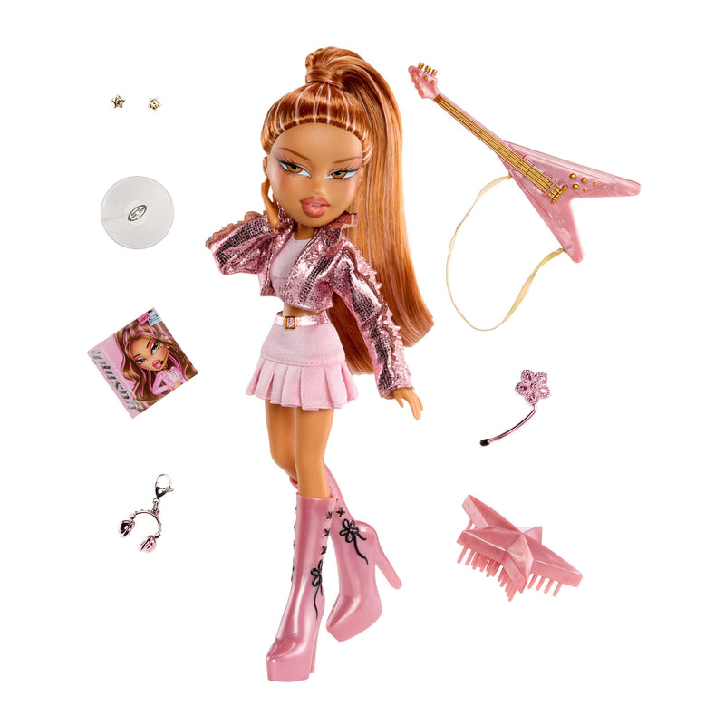 Doll with pink outfit and accessories on a white background